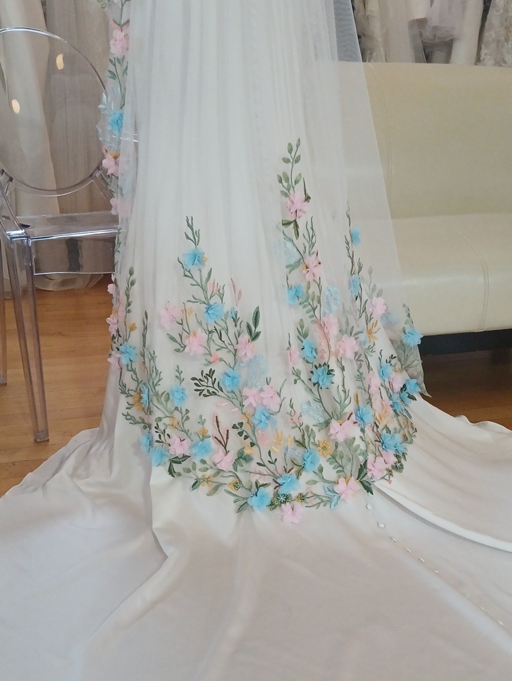 Colorful Floral Waltz Length Bridal Veil